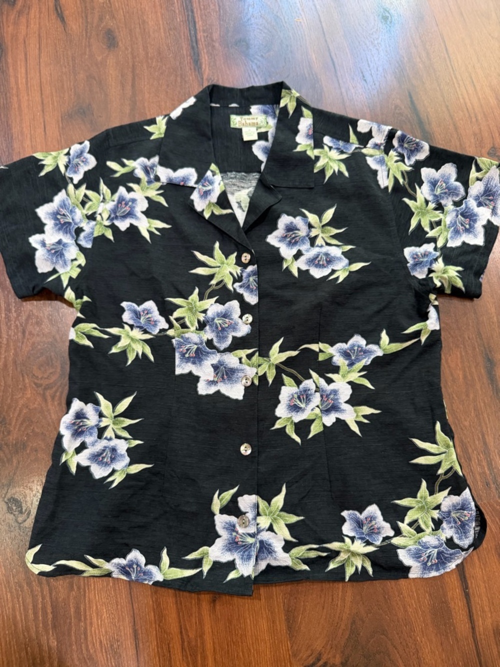 Tommy Bahama 100% Silk Floral Button Shirt Women's Size M Black Green Purple